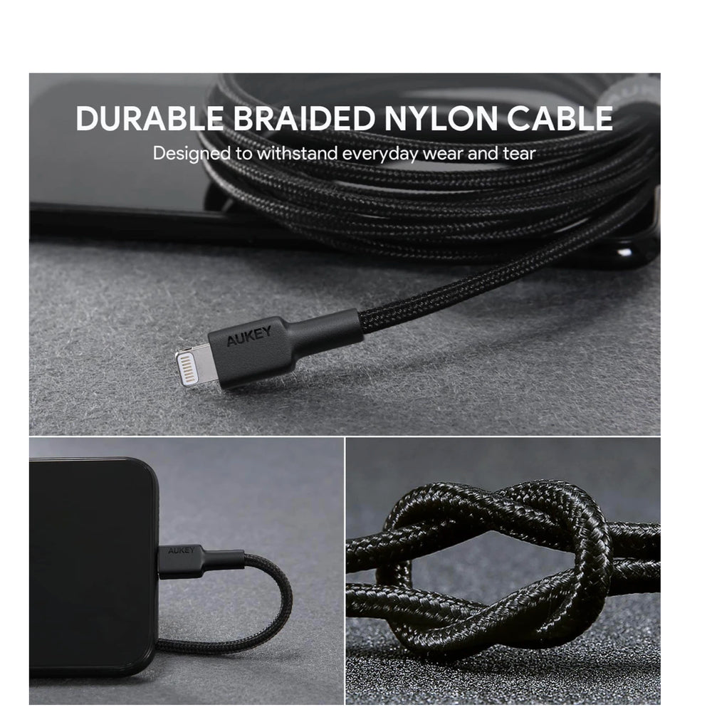 Aukey 2Mts Brained Nylon USB AA Lightning Adapter Cable Black