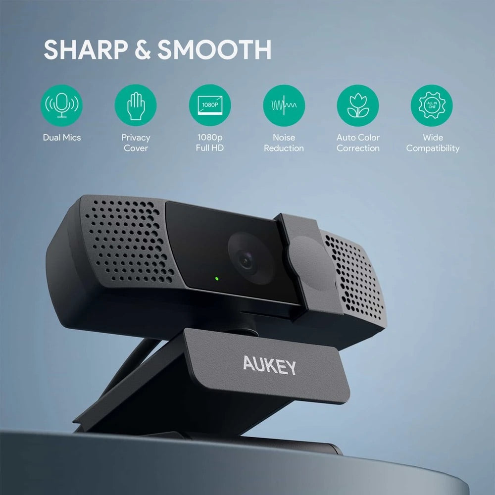 Gadget aukey webcam camara para computadora de 1080p con enfoque automatico color negro