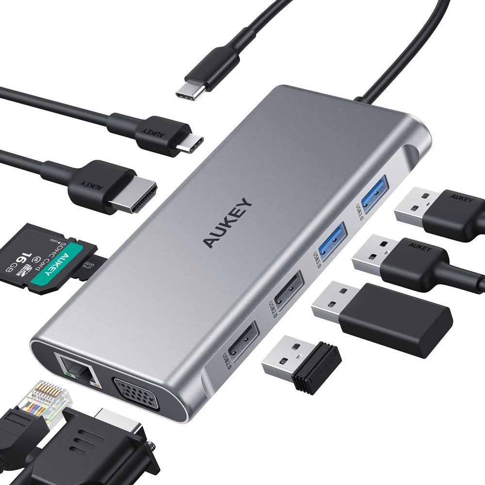 Aukey 10 in 1 USB C Hub Adapter with HDMI 4K and VGA - Silver