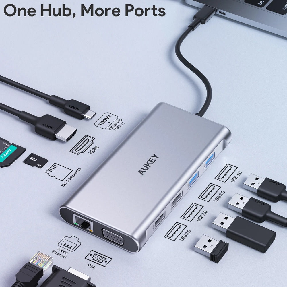 Aukey 10 in 1 USB C Hub Adapter with HDMI 4K and VGA - Silver