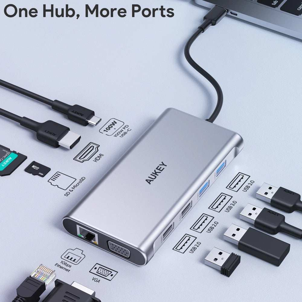 Adaptador Aukey Hub 10 En 1 Con Usb C Hdm 4K Y Vga Color Plateado