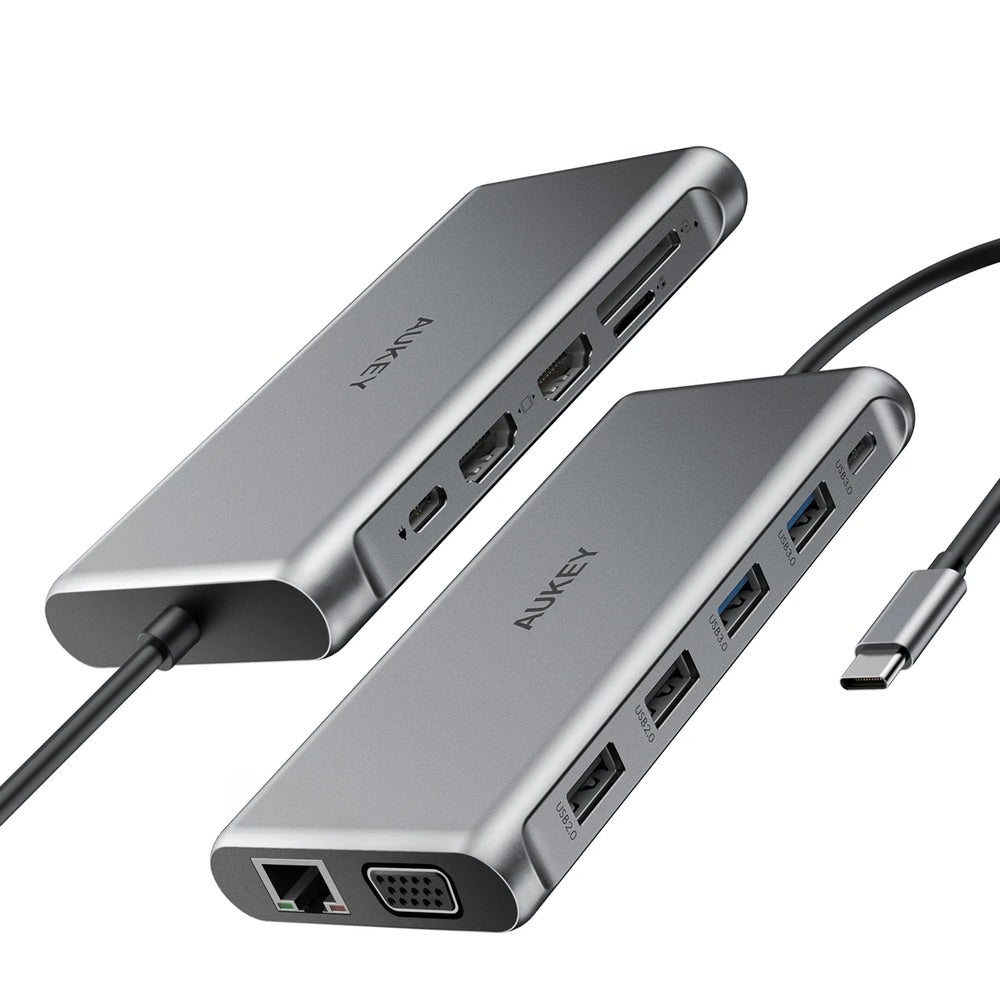 Adaptador Aukey Hub 12 En 1 Con Usb C Hdm 4K Dual Ethernet Y Vga Color Plateado