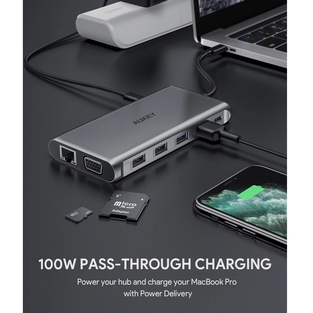 Adaptador aukey hub 12 en 1 con usb c hdm 4k dual ethernet y vga color plateado