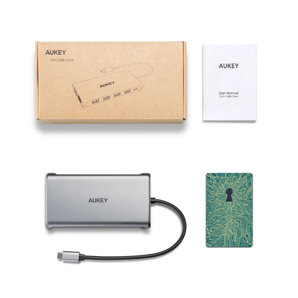 Adaptador aukey hub 12 en 1 con usb c hdm 4k dual ethernet y vga color plateado