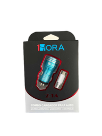 Cargador rápido para auto con micro USB V8, color celeste, embalaje en caja.