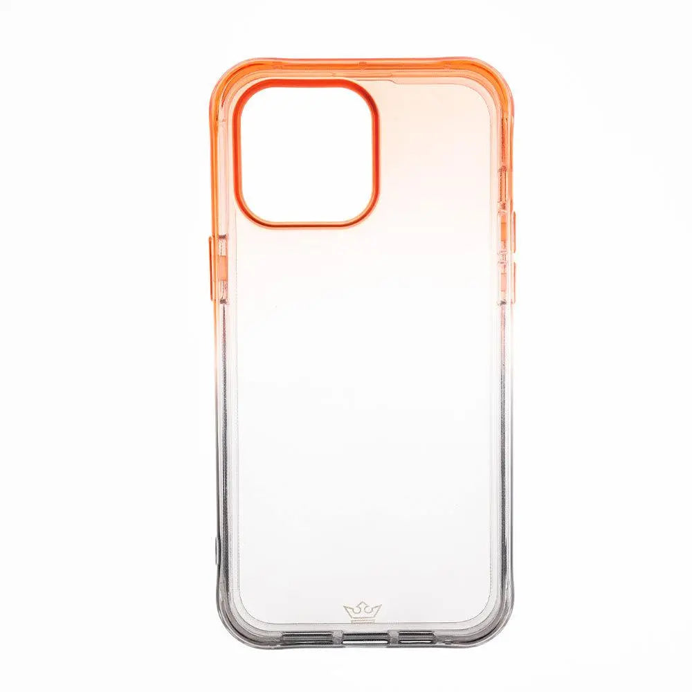 Estuche clásico degradado naranja y gris para iPhone 14 Pro.