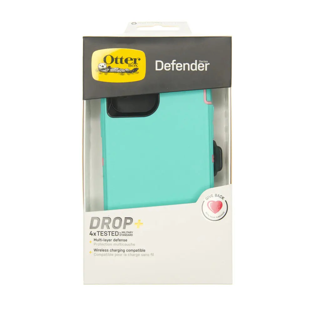 Estuche de protección Otterbox Defender para iPhone 12 Pro Max en color turquesa y rosado.