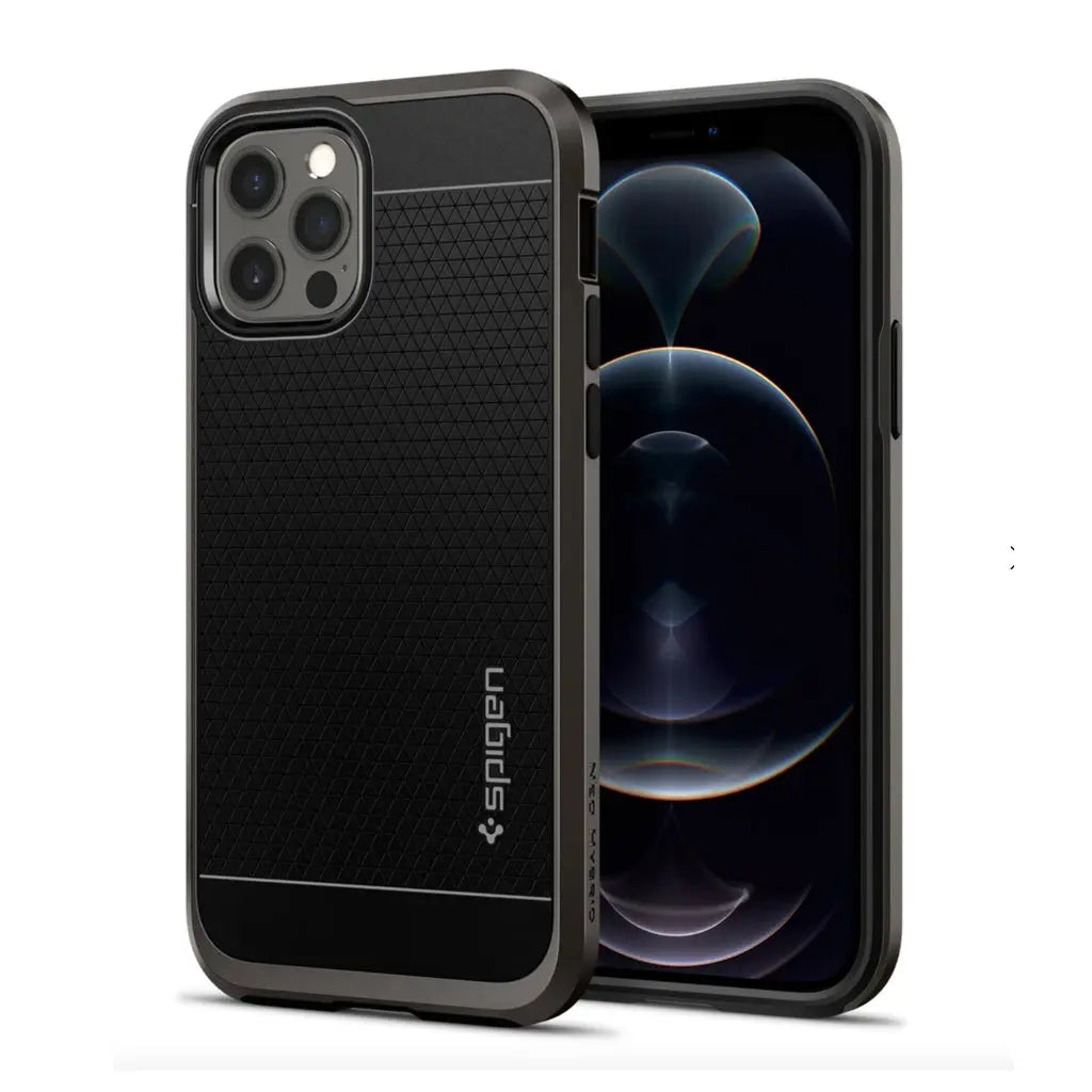 estuche clásico Spigen Hybrid Neon negro para iPhone 12 Pro Max mostrando diseño elegante y protección durable