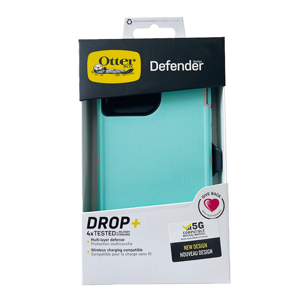 Estuche OtterBox Defender iPhone 13 Pro turquesa y rosado, protección robusta y elegante.