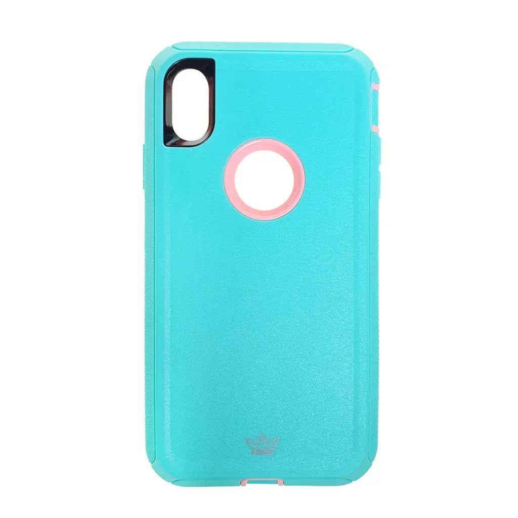 Estuche de protección El Rey Defender para iPhone XS Max en turquesa y rosado.