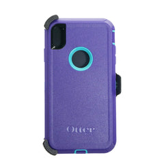 Estuche de protección OtterBox Defender para iPhone XS Max en morado y turquesa.