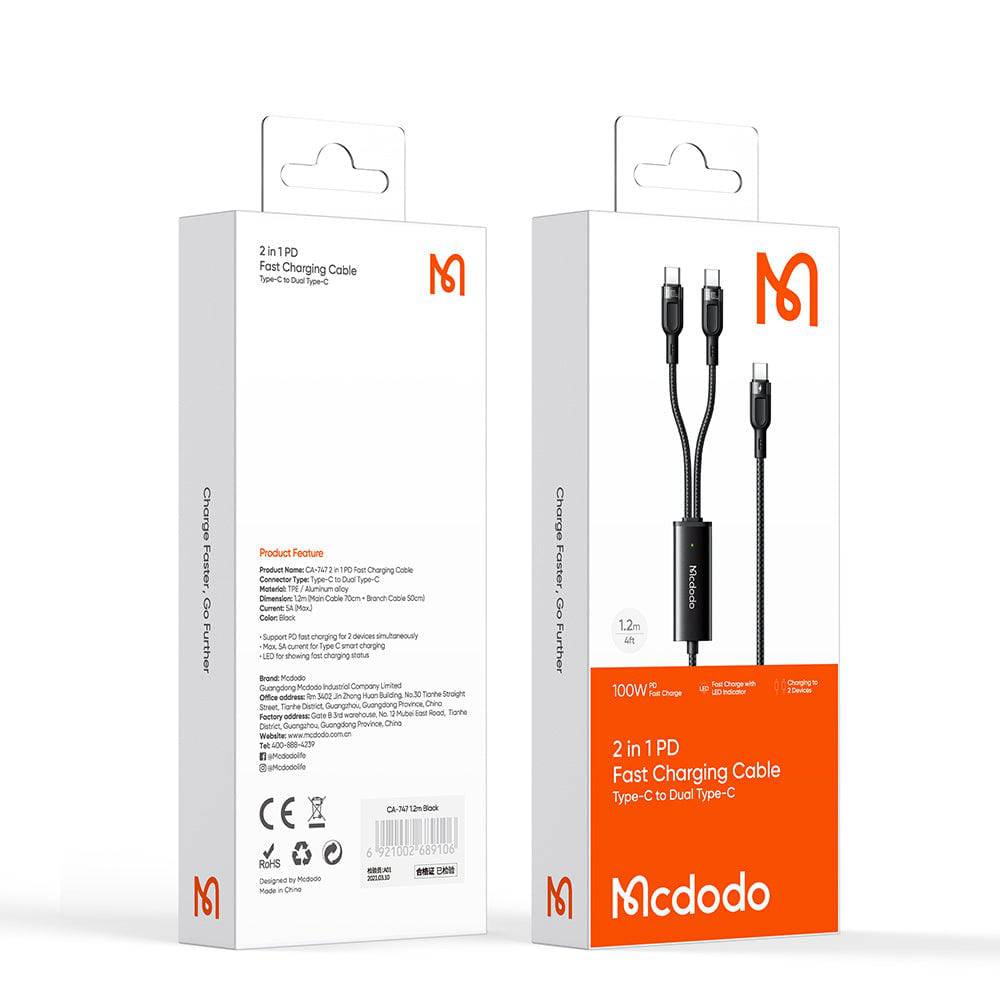 Cable Mcdodo Adaptador Tipo C A Dual Tipo C 1.2M Negro - MUNDO ACCESORIOS (B2C)