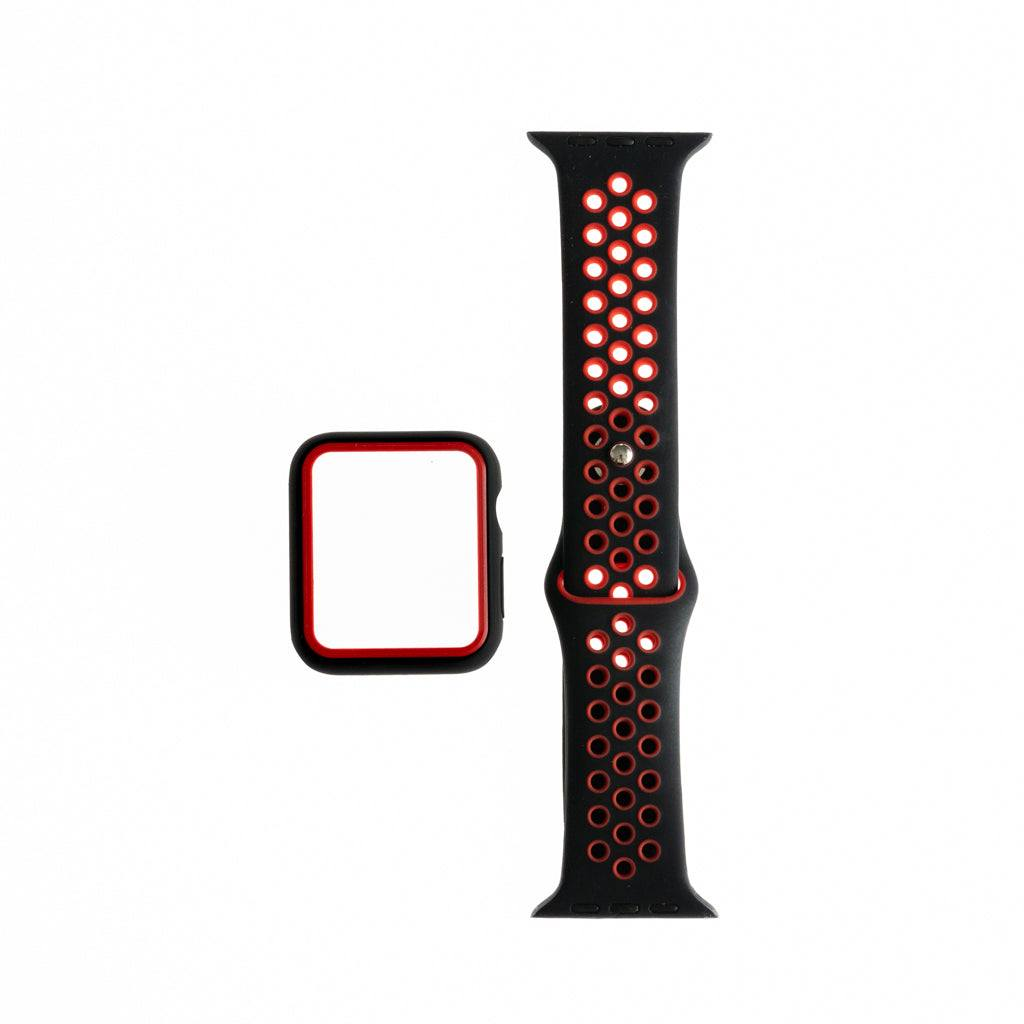 Accesorio genérico pulsera Nike y bumper Apple Watch 38 mm, negro y rojo.