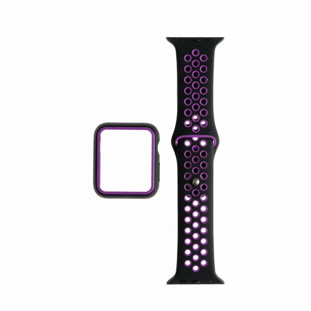 Pulsera y bumper negro y morado para Apple Watch 42 mm.