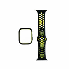 Pulsera Nike con bumper negro y verde de 45 mm, diseño deportivo y resistente.