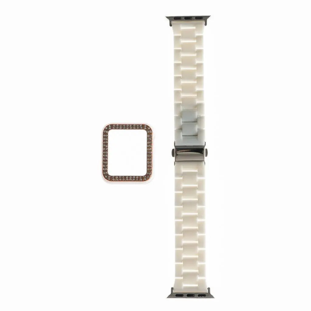 Accesorio de pulsera blanca con bumper de diamantes para Apple Watch 42 mm, elegante y protector.