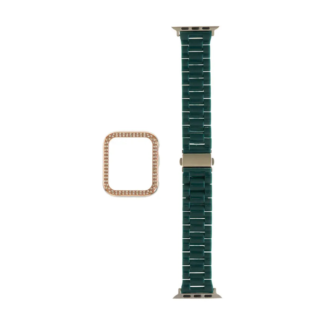 Pulsera con bumper de diamantes para Apple Watch 38 mm en color verde marfil, accesorio elegante y protector.