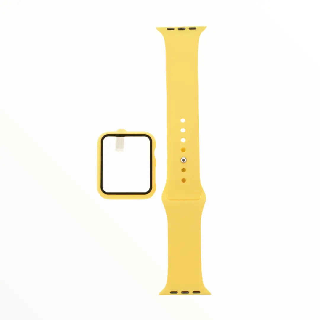 Pulsera y protector de pantalla amarillo con bumper para Apple Watch 38 mm.