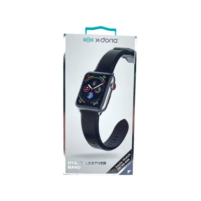 Accesorio Xdoria pulsera de cuero negro para Apple Watch 38/40 mm en empaque.