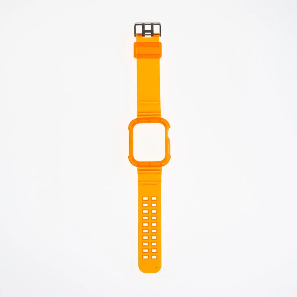 Accesorio Genérico Pulsera con Bumper Rugged para Apple Watch 44 mm en color naranja.