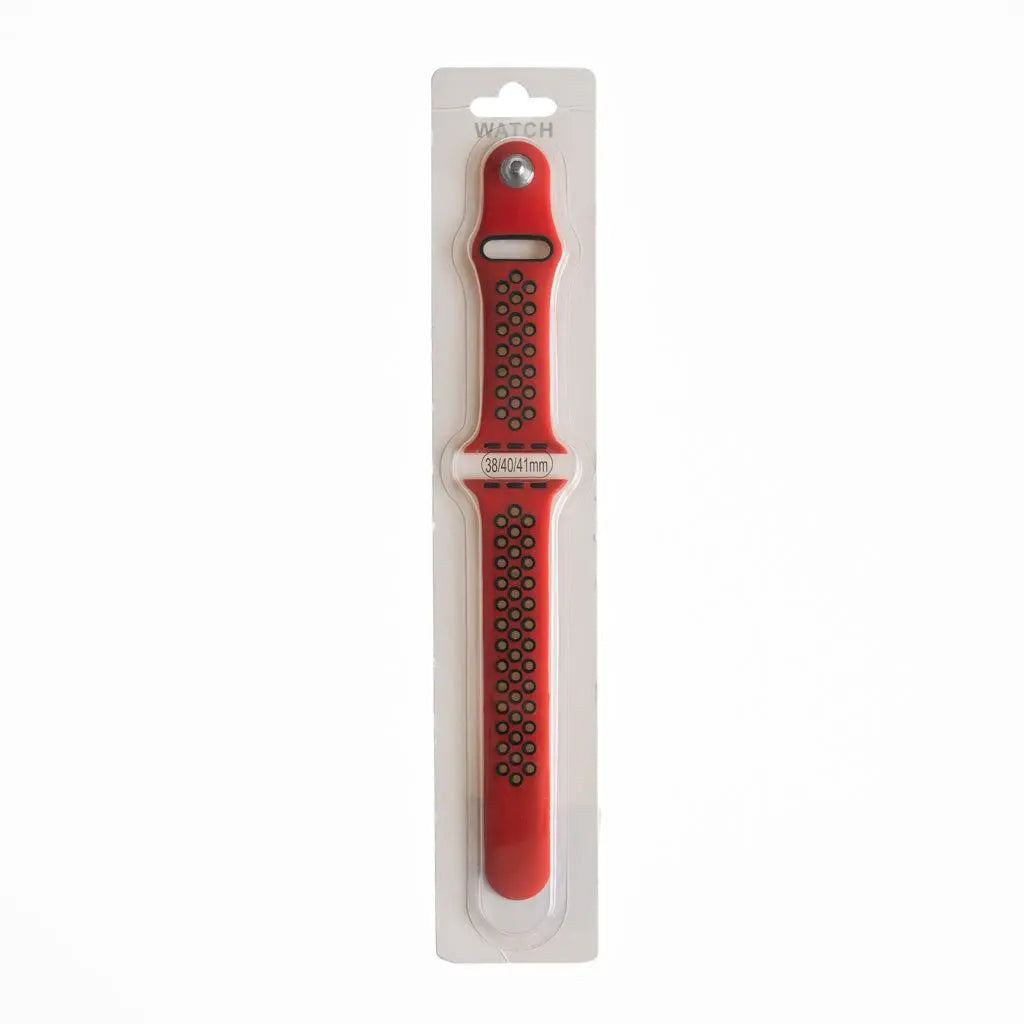 Accesorio El Rey pulsera deportiva rojo y negro para Apple Watch 38/40/41 mm en empaque.