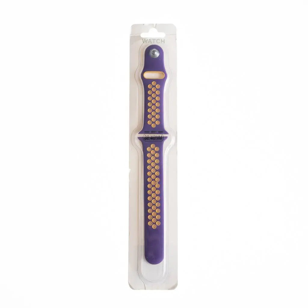 Accesorio El Rey pulsera tipo Nike para Apple Watch 38/40/41 mm en color morado y mostaza.