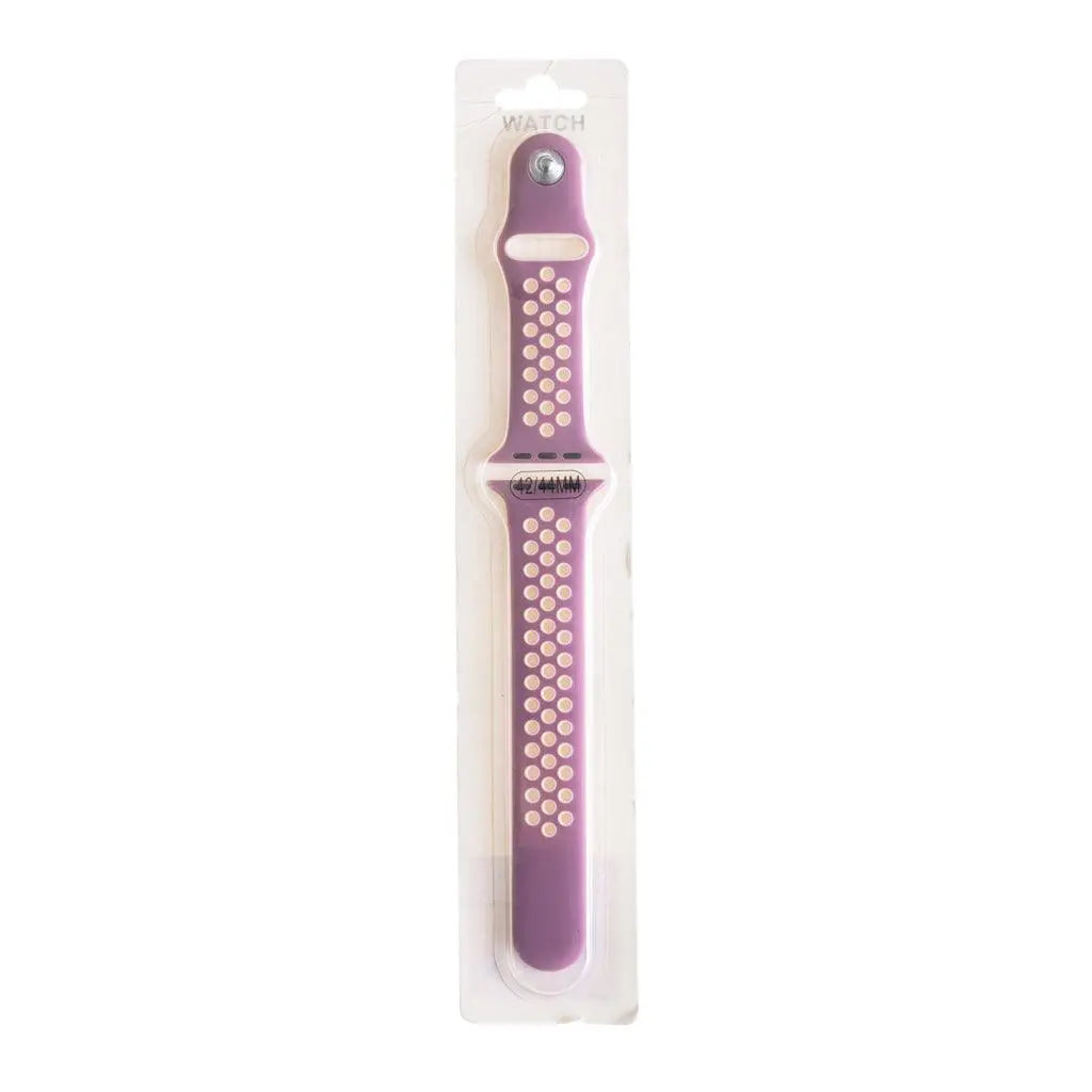 Accesorio El Rey pulsera para Apple Watch 42/44/45 mm en color violeta y blanco, diseño tipo Nike.