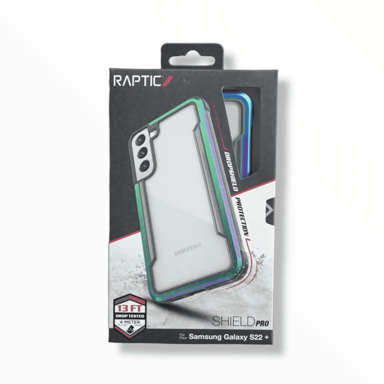 Estuche proteccion Xdoria Raptic Shield Pro iridiscente para Samsung S22 Plus en su embalaje.