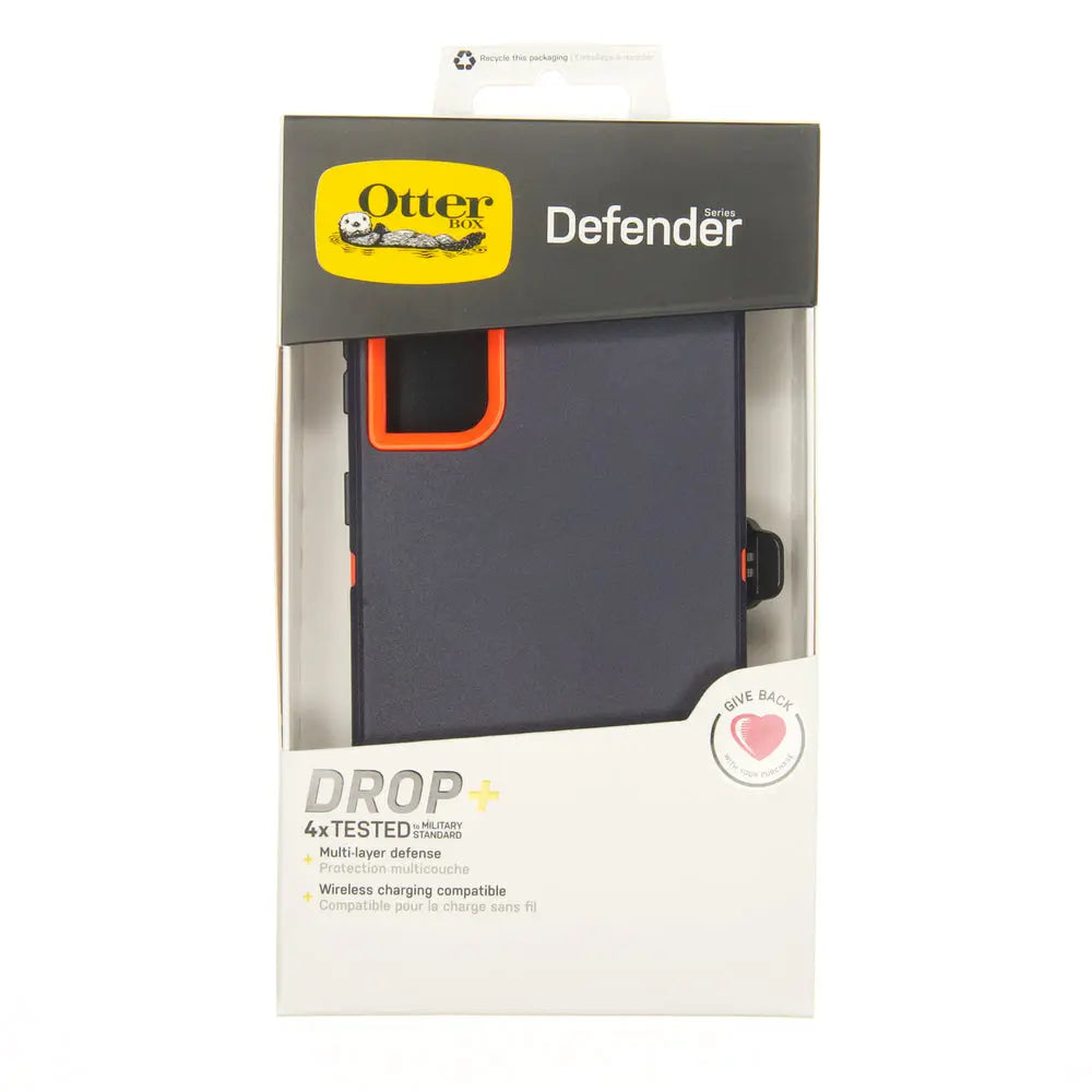 Estuche de protección Otterbox Defender Samsung S20, color azul y naranja, en su empaque.