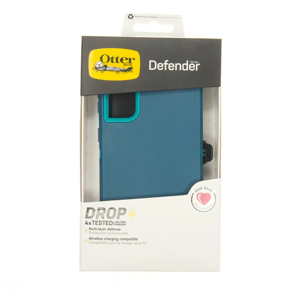 Estuche protector Otterbox Defender turquesa para Samsung S20 en empaque.