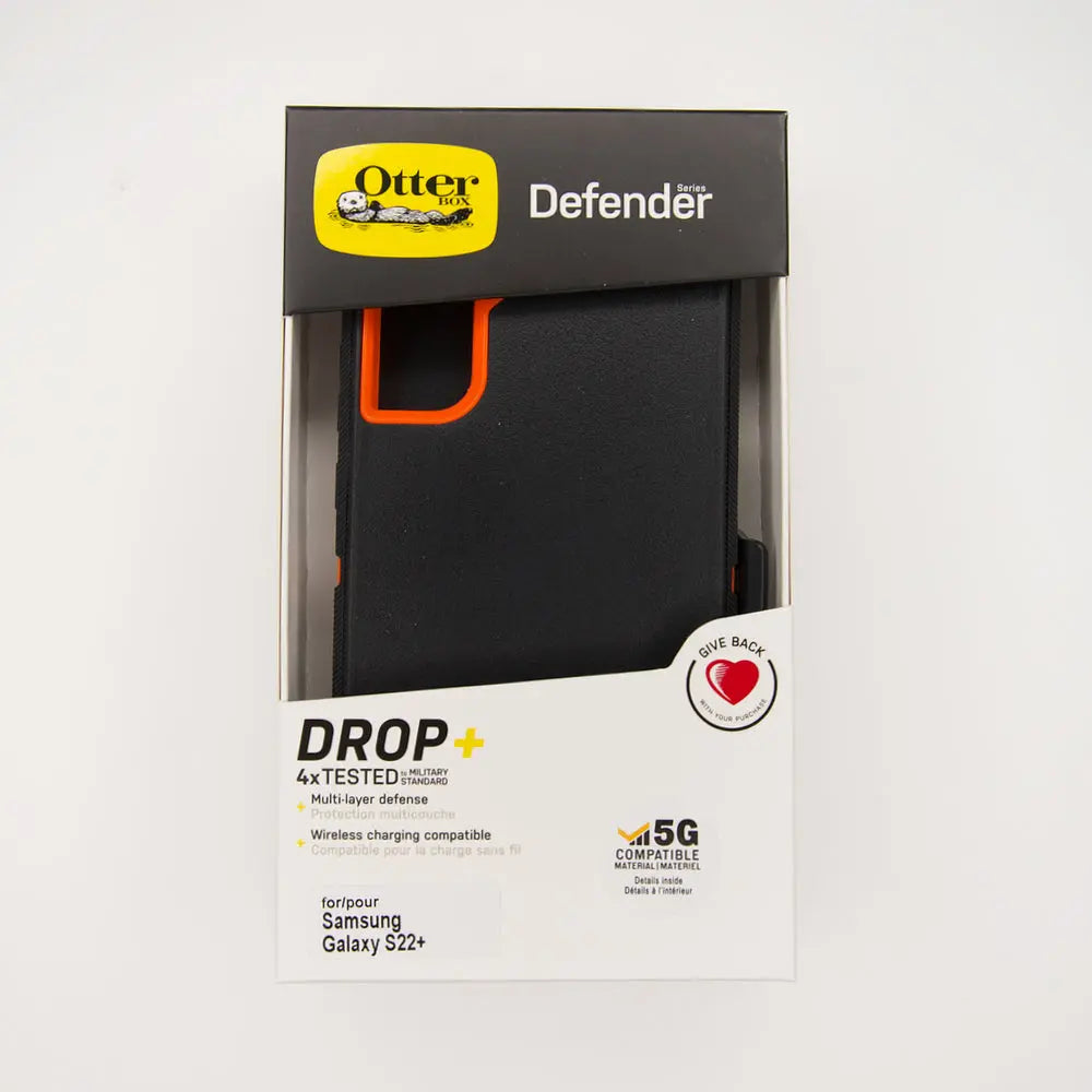 Estuche de protección Otterbox Defender para Samsung S22 Plus, color negro y naranja.