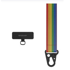 Accesorio Switcheasy strap con tarjeta sujetadora para iPhone color arcoíris.